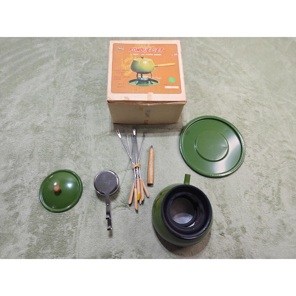 Vtg 1970s Avocado Green Enamel Aluminum Fondue Set 2 Quart Boxed Taiwan Retro MC